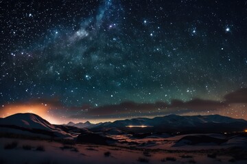 Starry skies over mountains landscape at night, created using generative ai technology