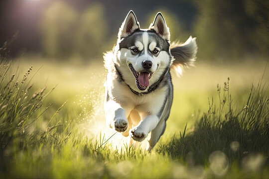 Adorable siberian husky dog running on a sunny day with blur background. generative AI.
