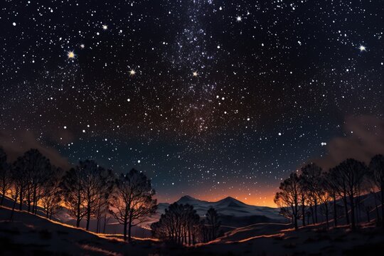 Starry skies over mountains landscape at night, created using generative ai technology