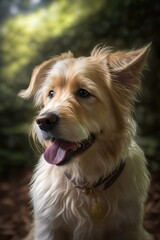 Close up of beige dog sticking tongue out in forest created using generative ai technology