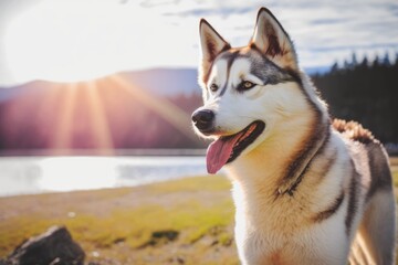 Husky dog sticking tongue out by the lake and forest created using generative ai technology