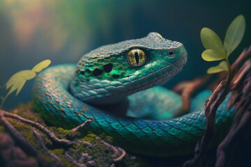 Close up view of green snake in a forest jungle. Generative AI