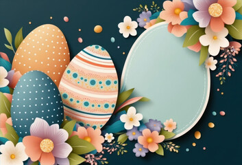 Easter-themed concept template with easter eggs and spring flowers and space for text input. Flat lay. Generative AI.