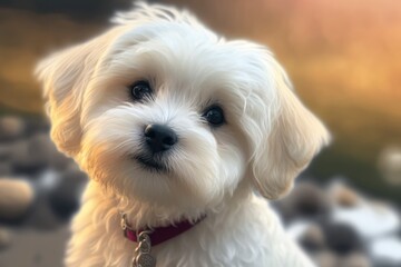 White maltease dog with collar on blurred background created using generative ai technology