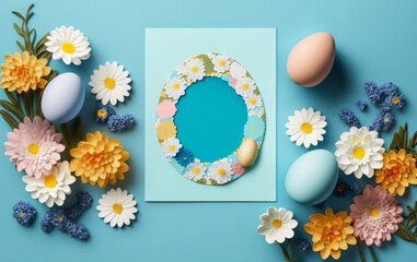 Easter-themed concept template with easter eggs and spring flowers and space for text input. Flat lay. Generative AI.