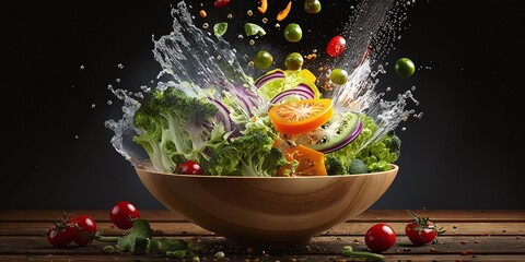 Fototapeta na wymiar Fresh Salad Vegetables Fruits Salad in Kitchen Water Sprinkles Tomato Onion Cucumber Pepper Cooking Cook Chef Generative AI