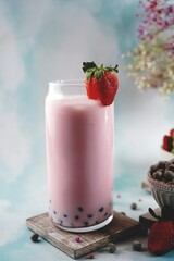 Homemade strawberry milk bubble tea or Boba, selective focus