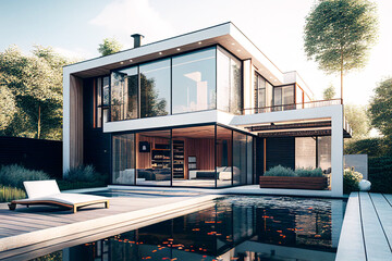 Fototapeta na wymiar Luxury modern white and black house with a swimming pool. Blue sky. Real estate