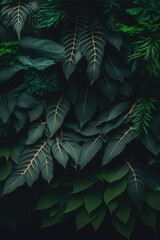 Naklejka na ściany i meble Different green plants leaves on black background created using generative ai technology
