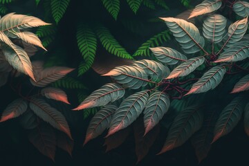Different green plants leaves on black background created using generative ai technology