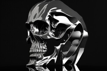 A chrome reflecting metal skull with a screamer isolated on a black backdrop is depicted in an abstract illustration. Generative AI
