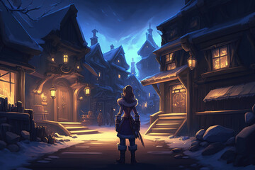 a person standing in the middle of a town at night, village, fantasy town, game, fantasy art illustration 