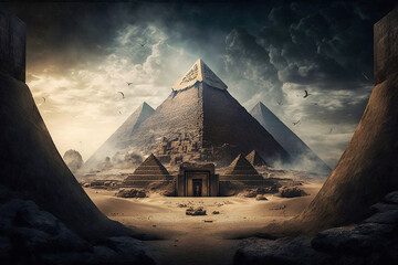 Panorama view of the great Pyramid of Giza in Egypt. Generative AI - obrazy, fototapety, plakaty