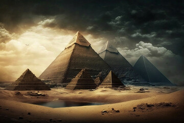 Fototapeta na wymiar General view of pyramids and cityscape. Generative AI