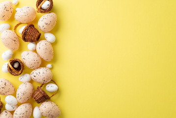 Easter celebration concept. Top view photo of easter quail eggs and small baskets on isolated yellow background with empty space