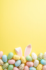 Easter celebration concept. Top view vertical photo of colorful easter eggs and easter bunny ears on isolated yellow background with empty space - obrazy, fototapety, plakaty