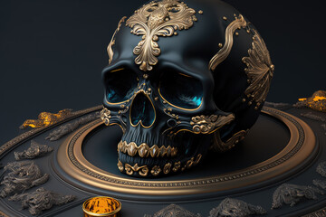 Marble skull with luxury gold jewelry decoration elements. Generative AI