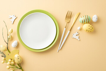 Easter celebration concept. Top view photo of empty plates fork knife colorful easter eggs easter bouquet and bunnies on isolated beige background with copyspace