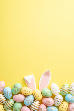 Easter celebration concept. Top view vertical photo of colorful easter eggs and easter bunny ears on isolated yellow background with empty space