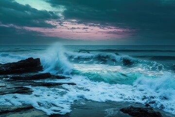 Fototapeta premium Sunset scenery with ocean, rock and sky with clouds created using generative ai technology