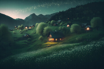 Fototapeta premium late spring photo, a beautiful small village, scattered wooden houses, green grass, green mountains, fireflies, gradient effect
