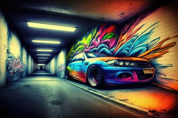 Poster Building with walls covered in colorful car graffiti created using generative ai technology © Future Vision