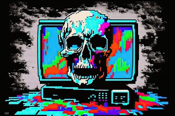 Psychedelic, trippy colors and a pixelated, abstract skull in the style of pixelated, glitched CRT TV and VHS visuals. Generative AI