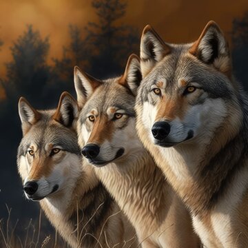 Portrait of close up of three wolves, created using generative ai technology