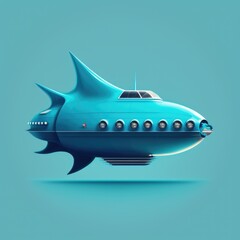 Blue spaceship flying on blue background, created using generative ai technology