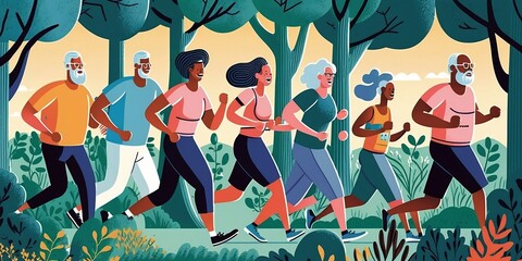 illustration of a diverse group of people engaging in physical activity, such as jogging as part of their preventive healthcare routine. Generative AI.