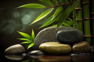 Fototapeta na wymiar Bamboo and zen stones in a colorful wellness spas. Generative AI