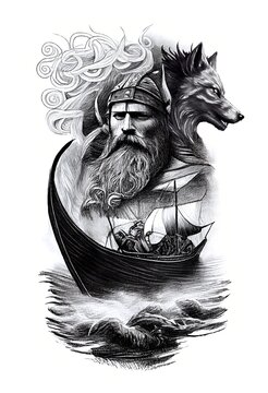 Watercolor ink of northern mythology Odin Fenriswolf and a viking ship.