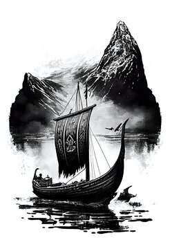 Watercolor Ink Pencil Of Viking Dragon Ship