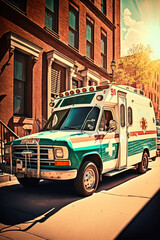 Ambulance parked in street with sunshine, created using generative ai technology
