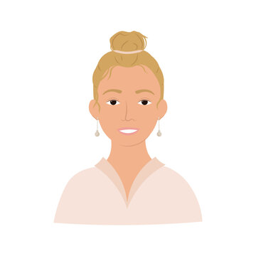 Happy woman with hair bun and earrings. Portrait of a smiling blonde woman with gathered hair on an isolated white background. Flat graphic vector illustration.