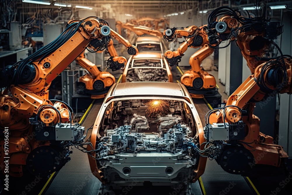 Aufkleber high-tech robot effortlessly assembling a car in a futuristic factory setting. generative ai
