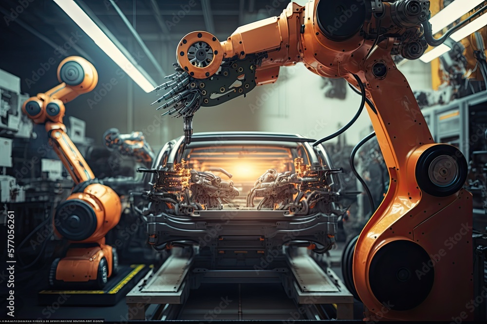 Aufkleber high-tech robot effortlessly assembling a car in a futuristic factory setting. generative ai