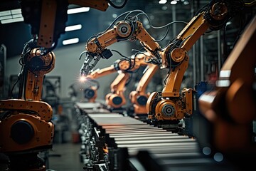 High-tech robot effortlessly assembling a car in a futuristic factory setting. Generative AI