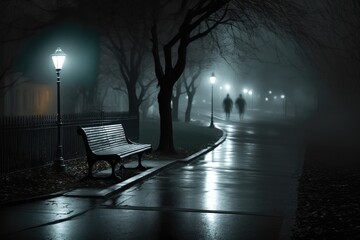 Fototapeta na wymiar Bench in park by street lamp on dark misty rainy night, created using generative ai technology
