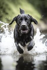 Black labrador dog running in water over grass created using generative ai technology