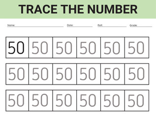 Number 50. card for kids learning to count and to write, worksheet for kids to practice writing skills, Vector illustration