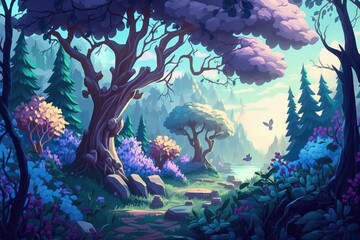 A fantastical backdrop. Forest of Wonder. The scenery is beautiful in the spring. During this time of year, lilacs bloom. Generative AI