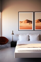 Bedroom interior with bed, paintings, lamp and armchair created using generative ai technology