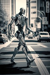 Fototapeta na wymiar Silver human robot crossing street in city with cars, created using generative ai technology