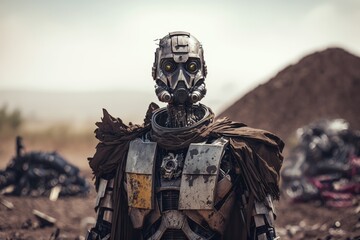 Portrait of silver human robot at rubbish dump, created using generative ai technology
