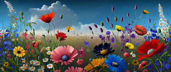 Fototapeta na wymiar A beautiful Illustration of a flower meadow in spring. Generative AI
