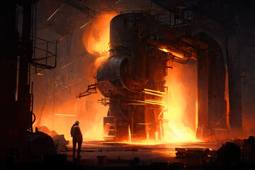 Steel mill, furnaces, iron, worker, steel production. Ai generative