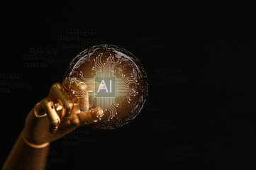 The concept of AI technology forwards the world of technology from a golden robotic hand to the...