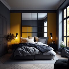 3D Interior Bed Lights Window Generative AI