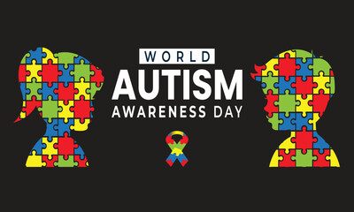 World Autism Awareness Day background. It includes a ribbon and a pair of children silhouette masked with colorful puzzles symbolizing autism. Vector illustration